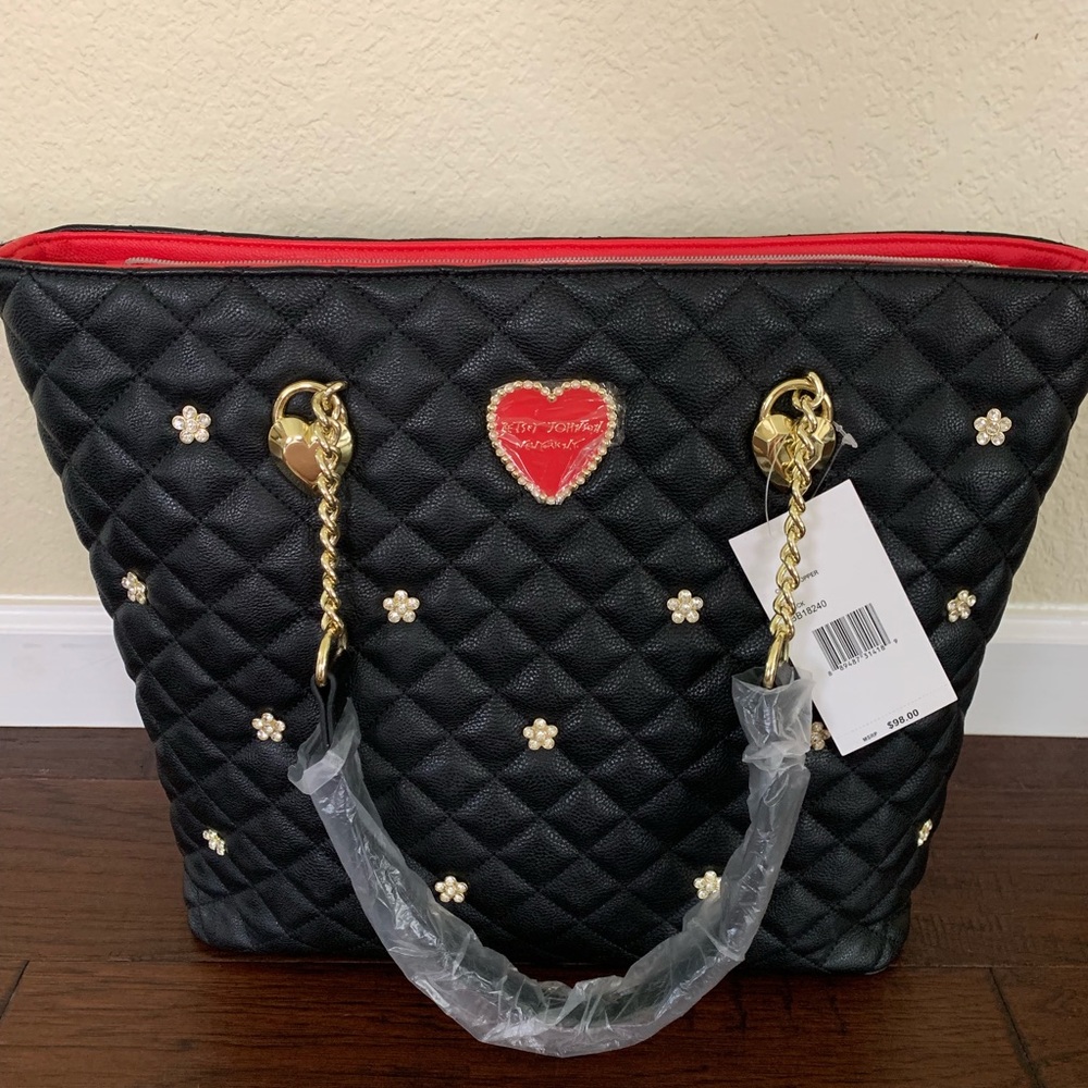 Betsey Johnson tote, red heart, flower details